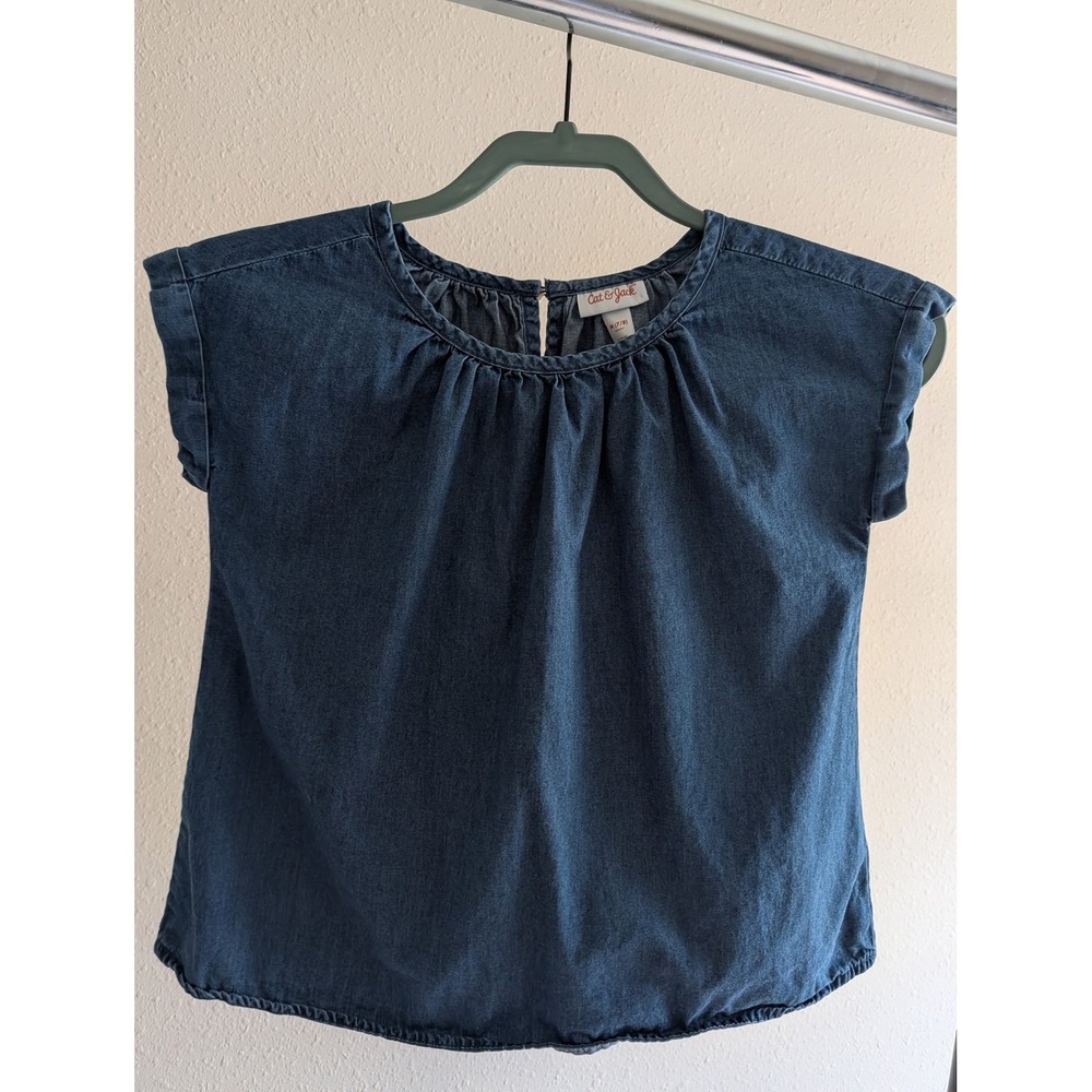 Cat & Jack Girls Blue Chambray Denim Top Short Cap Sleeve Size M‎ 7/8